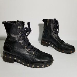 Schutz Black Leather Studded Lace Up Moto Boots